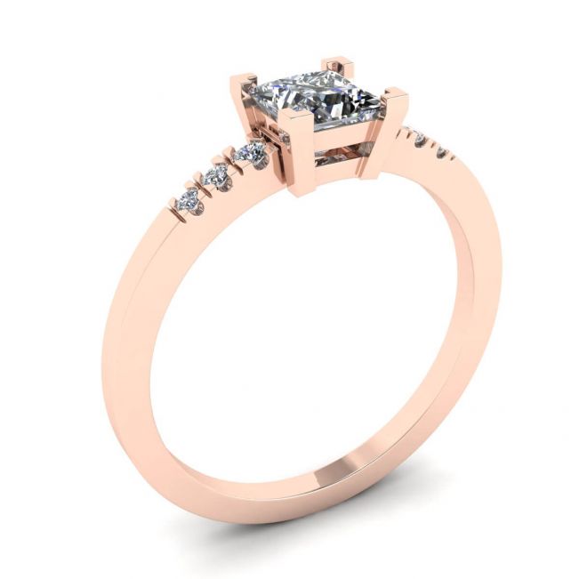 Anello con diamanti taglio princess e 3 piccoli diamanti laterali in oro rosa - Foto 3