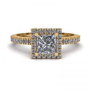Anello di fidanzamento con diamante Halo galleggiante taglio principessa in oro giallo