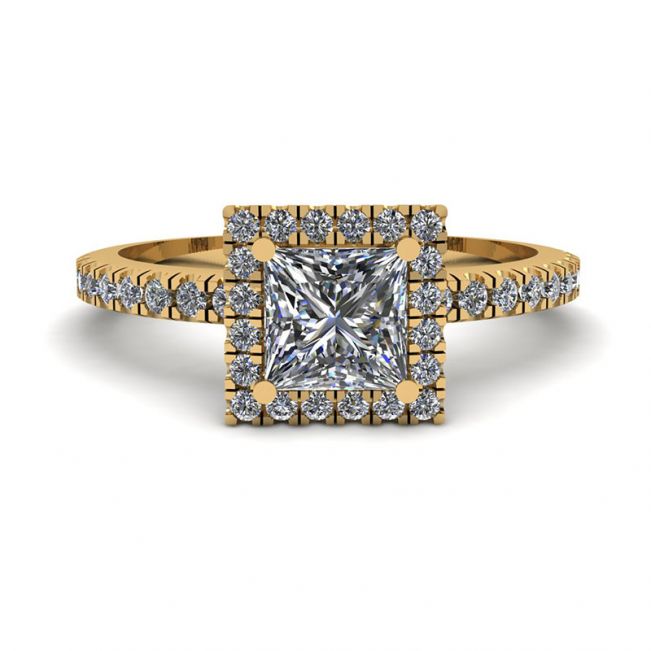 Anello di fidanzamento con diamante Halo galleggiante taglio principessa in oro giallo