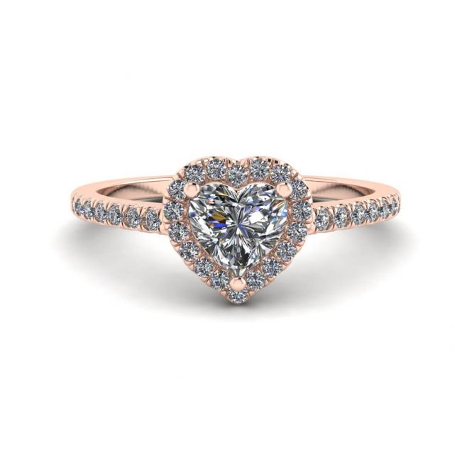 Anello di fidanzamento Halo con diamanti a cuore in oro rosa