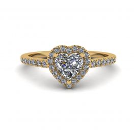 Anello di fidanzamento Halo con diamanti a cuore in oro giallo