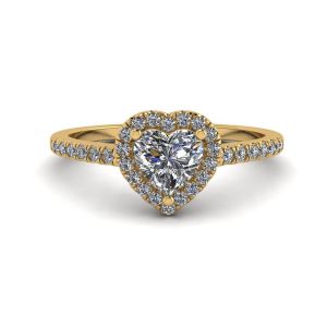 Anello di fidanzamento Halo con diamanti a cuore in oro giallo
