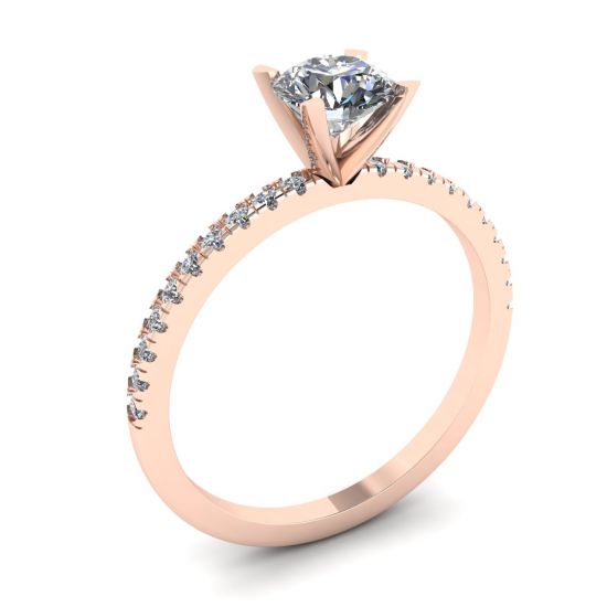 Classico anello con diamanti rotondi con sottile pavé laterale in oro rosa,  Ingrandisci immagine 4