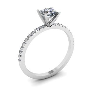 Anello classico con diamanti rotondi e sottile pavé laterale in oro bianco - Foto 3