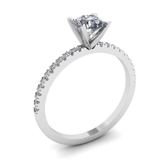 Anello classico con diamanti rotondi e sottile pavé laterale in oro bianco,  Ingrandisci immagine 4