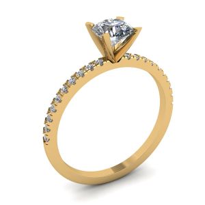 Classico anello con diamanti rotondi e sottile pavé laterale in oro giallo - Foto 3
