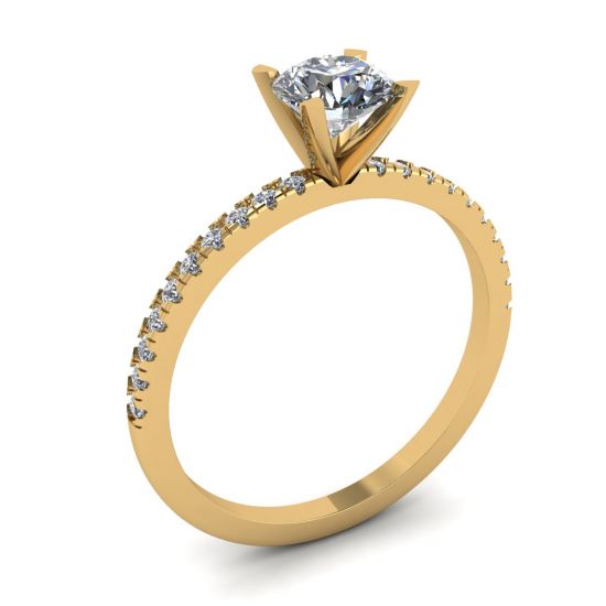 Classico anello con diamanti rotondi e sottile pavé laterale in oro giallo,  Ingrandisci immagine 4