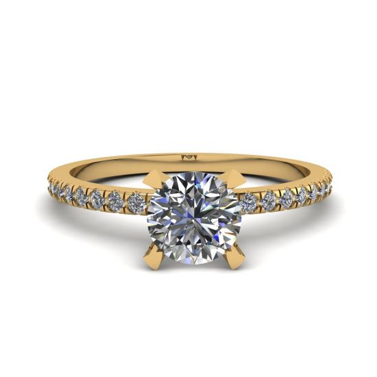 Classico anello con diamanti rotondi e sottile pavé laterale in oro giallo, Immagine 1