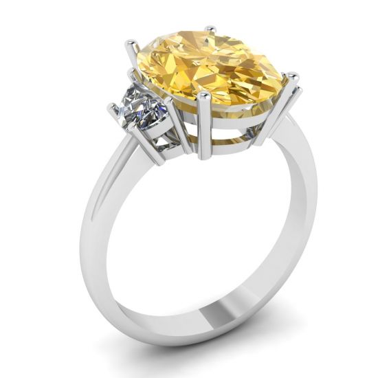 Anello Ovale in Oro Bianco con Diamanti Gialli e Diamanti Bianchi a Mezza Luna Laterale,  Ingrandisci immagine 4