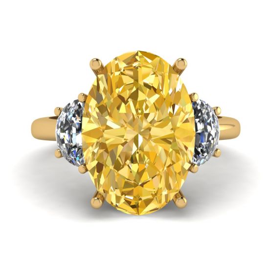 Anello Ovale in Oro Giallo con Diamanti Gialli e Diamanti Bianchi a Mezzaluna Laterale in Oro Giallo, Immagine 1