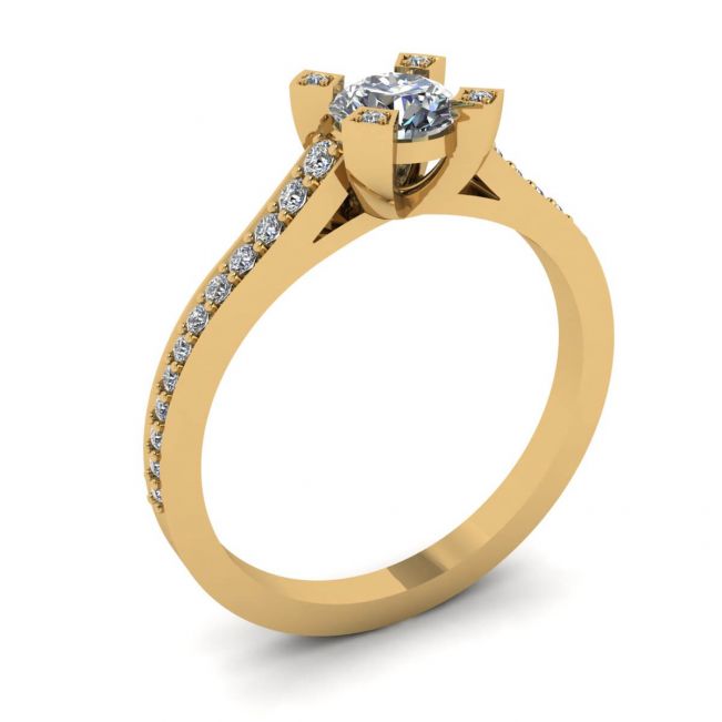 Anello di design con diamante tondo e pavé in oro giallo 18 carati - Foto 3