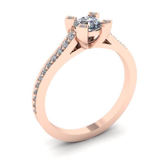 Anello di design con diamante tondo e pavé in oro rosa,  Ingrandisci immagine 4