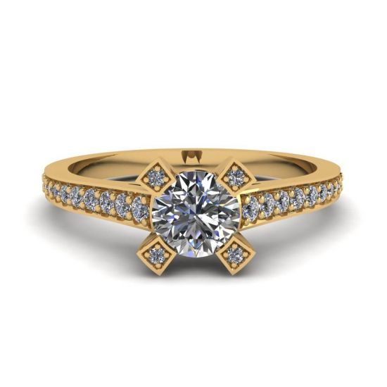Anello di design con diamante tondo e pavé in oro giallo 18 carati, Ingrandisci immagine 1