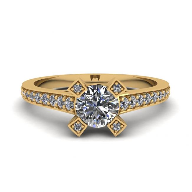 Anello di design con diamante tondo e pavé in oro giallo 18 carati
