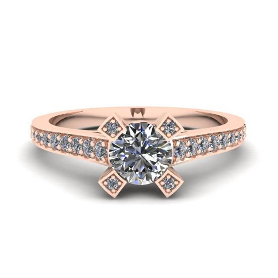 Anello di design con diamante tondo e pavé in oro rosa, Immagine 1