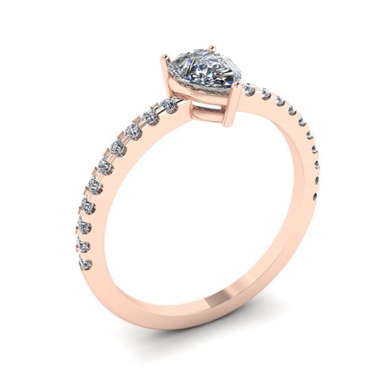 Anello a pera di diamanti con pavé laterale in oro rosa,  Ingrandisci immagine 4