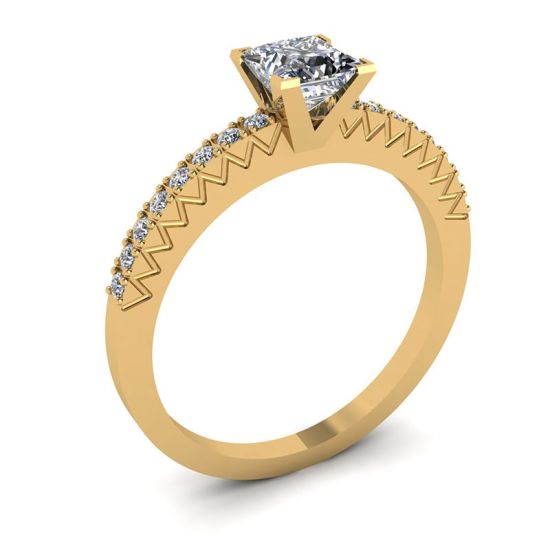 Anello con diamanti a taglio Princess a V con pavé laterale in oro giallo,  Ingrandisci immagine 4