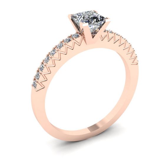Anello con diamante taglio Princess a V con pavé laterale in oro rosa,  Ingrandisci immagine 4
