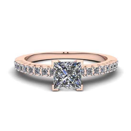 Anello con diamante taglio Princess a V con pavé laterale in oro rosa, Ingrandisci immagine 1