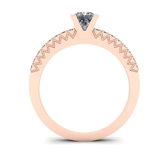 Anello con diamante taglio Princess a V con pavé laterale in oro rosa, More Image 0