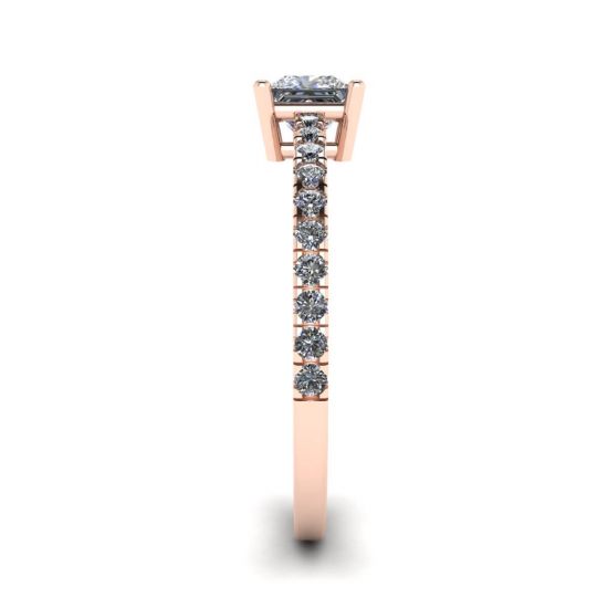 Anello con diamanti taglio Princess e pavé laterale in oro rosa 18 carati,  Ingrandisci immagine 3