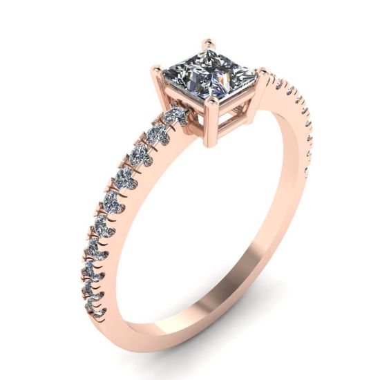 Anello con diamanti taglio Princess e pavé laterale in oro rosa 18 carati,  Ingrandisci immagine 4