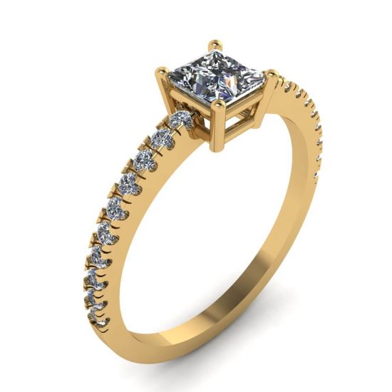 Anello con diamanti a taglio princess con pavé laterale in oro giallo 18 carati,  Ingrandisci immagine 4