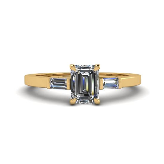 Anello in oro giallo con diamanti taglio smeraldo e baguette laterale, Ingrandisci immagine 1