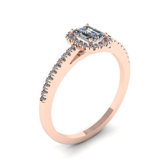 Anello con diamante taglio smeraldo con alone in oro rosa,  Ingrandisci immagine 4