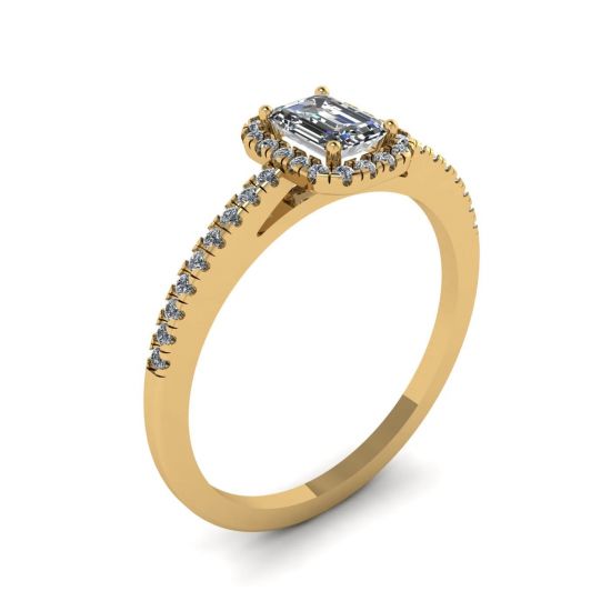 Anello con diamante taglio smeraldo con alone in oro giallo,  Ingrandisci immagine 4
