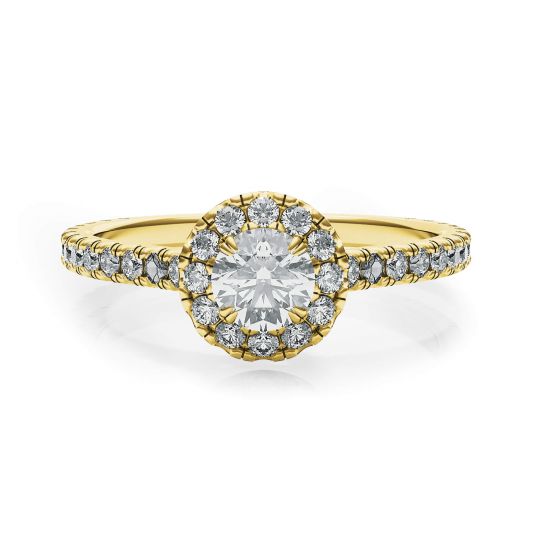 Anello con diamante rotondo Halo in oro giallo 18 carati, Ingrandisci immagine 1
