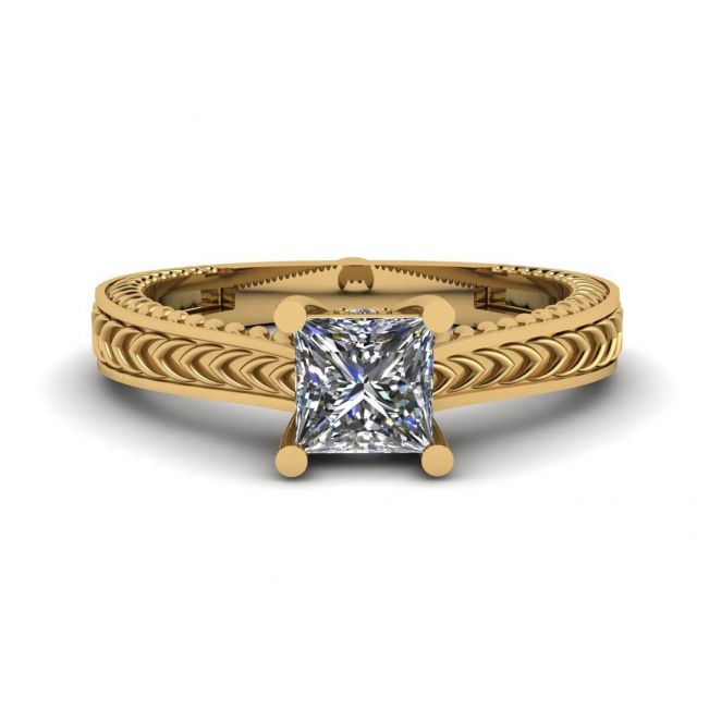 Anello in stile orientale con diamanti a taglio princess in oro giallo 18 carati