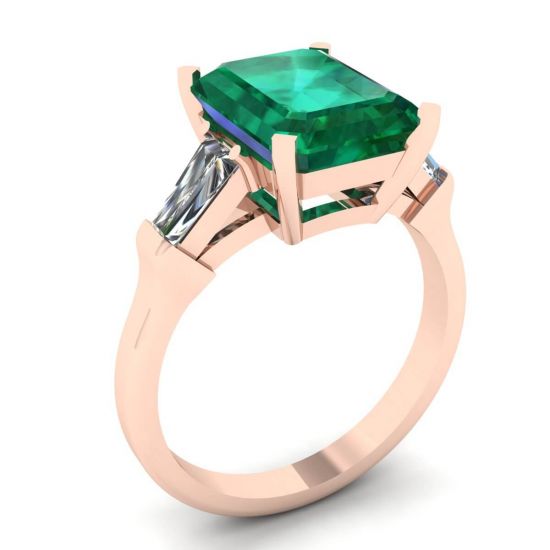 Anello Smeraldo 3 carati con Diamanti Laterali Baguette Oro Rosa,  Ingrandisci immagine 4