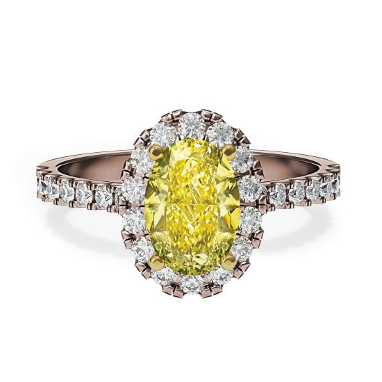Anello con diamante giallo ovale da 1,13 ct con alone in oro rosa, Ingrandisci immagine 1