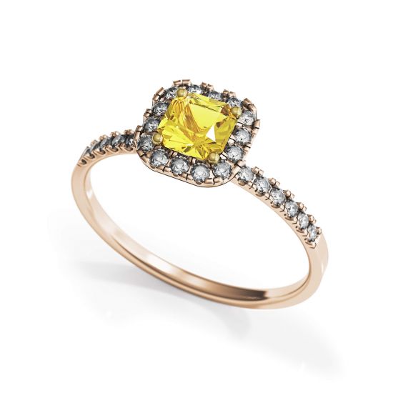 Anello con diamante giallo Cushion da 0,5 ct con alone in oro rosa,  Ingrandisci immagine 4