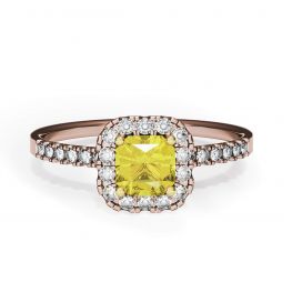 Anello con diamante giallo Cushion da 0,5 ct con alone in oro rosa