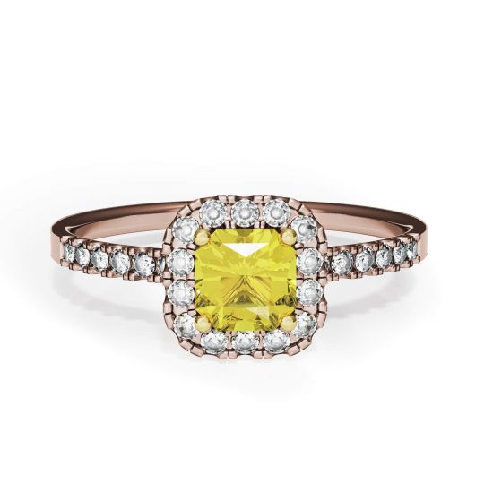 Anello con diamante giallo Cushion da 0,5 ct con alone in oro rosa, Immagine 1