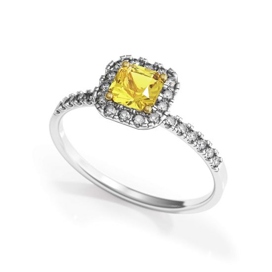 Anello con diamante giallo Cushion da 1/2 ct con alone,  Ingrandisci immagine 4