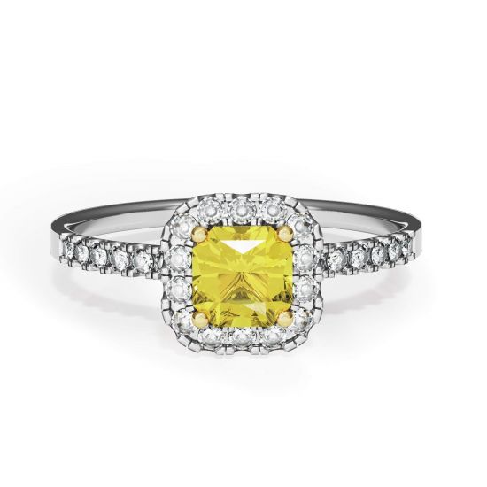 Anello con diamante giallo Cushion da 1/2 ct con alone, Ingrandisci immagine 1