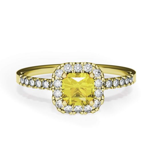 Anello con diamante giallo Cushion da 0,5 ct con alone in oro giallo, Ingrandisci immagine 1