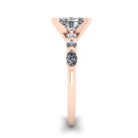 Anello Ovale Diamante Marquise Laterale e Pietre Tonde Oro Rosa,  Ingrandisci immagine 3