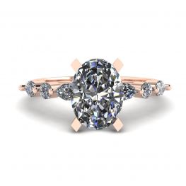 Anello Ovale Diamante Marquise Laterale e Pietre Tonde Oro Rosa