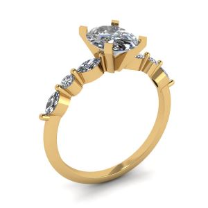 Anello Ovale Diamante Marquise Laterale e Pietre Tonde Oro Giallo - Foto 3