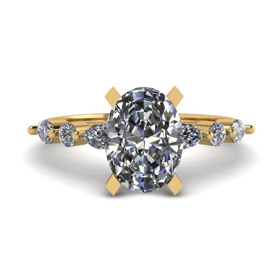 Anello Ovale Diamante Marquise Laterale e Pietre Tonde Oro Giallo, Ingrandisci immagine 1