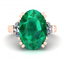 Anello Smeraldo Ovale con Diamanti Laterali a Mezzaluna Oro Rosa