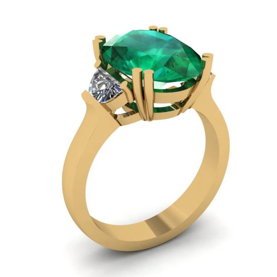 Anello Smeraldo Ovale con Diamanti Laterali Mezzaluna Oro Giallo,  Ingrandisci immagine 4