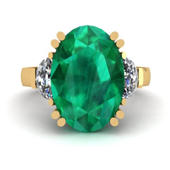 Anello Smeraldo Ovale con Diamanti Laterali Mezzaluna Oro Giallo, Ingrandisci immagine 1