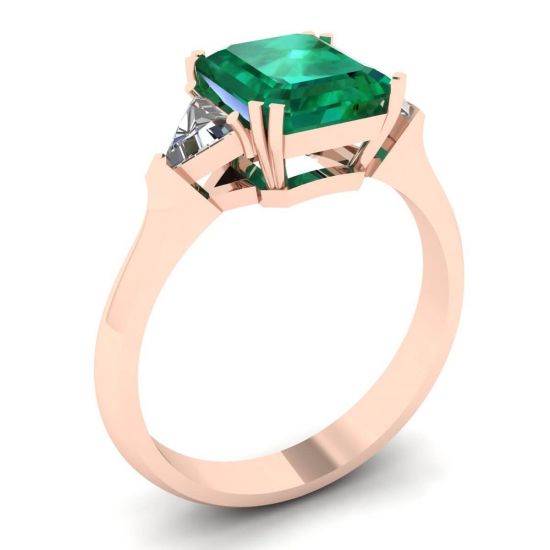 Anello Smeraldo 3 carati con Diamanti Laterali a Triangolo in Oro Rosa,  Ingrandisci immagine 4