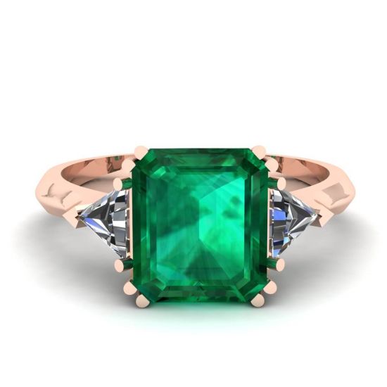 Anello Smeraldo 3 carati con Diamanti Laterali a Triangolo in Oro Rosa, Ingrandisci immagine 1