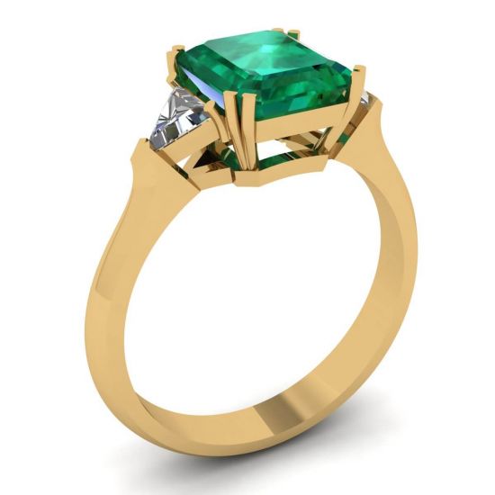 Anello Smeraldo 3 carati con Diamanti Laterali a Triangolo in Oro Giallo,  Ingrandisci immagine 4